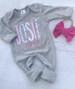 Personalized pink girl romper, spring infant girl coming home outfit, custom, handmade bow, baby shower gift, pink sleeper with footies 