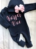 Personalized vintage stitch girl romper with bow, custom girl coming home outfit, baby shower gift, navy and pink sleeper with footies 