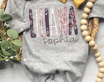 Personalized purple girl footie and bow, lavender and mustard infant girl coming home outfit, custom, baby shower gift,  with footies