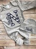 Personalized baby romper and hat set, custom infant boy coming home outfit, baby shower gift, gray sleeper with footies, navy herringbone 