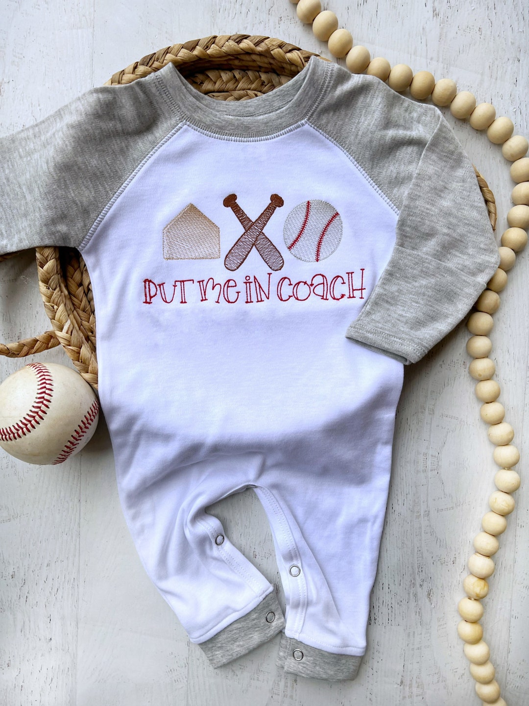 Personalized Baseball Raglan Baby Romper, Embroidered Baseball Baby