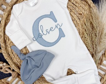 Newborn baby boy footie, take home baby outfit, light blue outfit for boy