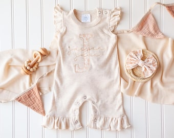 Personalized baby girl romper, vintage floral infant coming home outfit, baby shower gift, newborn outfit ruffle flutter custom name tiny