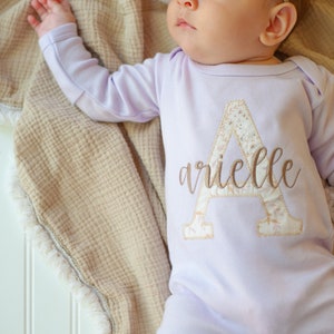 Personalized purple vintage floral outfit for baby girl, lavender coming home outfit, baby shower gift, fold over footies, custom embroidery