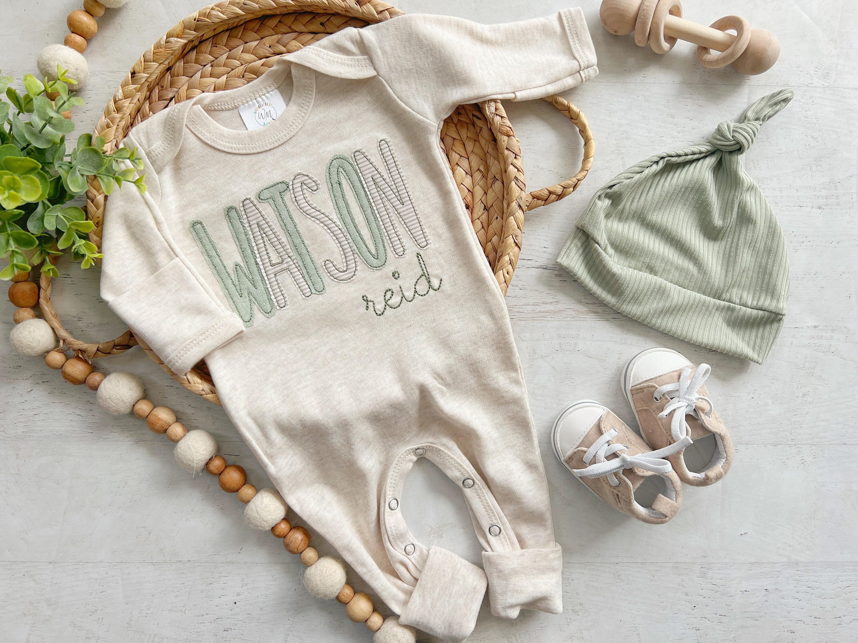 Personalized romper with sage and beige stripe: fold over footies, sage hat, custom going home outfit for boy