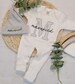 Personalized neutral baby romper and hat set, custom infant boy coming home outfit, baby shower gift, sleeper with footies, gray 