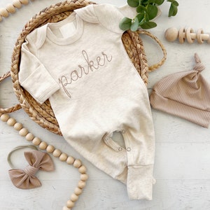 Personalized oatmeal and taupe vintage stitch romper with bow or hat, custom gender neutral coming home outfit, baby shower gift image 1