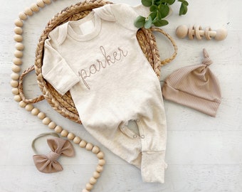 Personalized oatmeal and taupe vintage stitch romper with bow or hat, custom gender neutral coming home outfit, baby shower gift