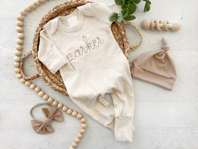 Personalized oatmeal and taupe vintage stitch romper with bow or hat, custom gender neutral coming home outfit, baby shower gift image 1