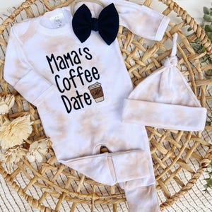 Tan and white romper with handmade bow or hat custom gender neutral coming home outfit baby shower gift mamas coffee date