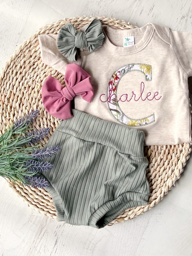 Vintage floral baby girl outfit with bummies, cottagecore baby girl outfit, personalized baby outfit with bows, sage, dusty rose image 5