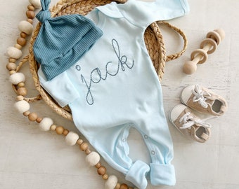 Personalized blue baby romper with hat, custom baby boy coming home outfit, baby shower gift, family newborn pictures