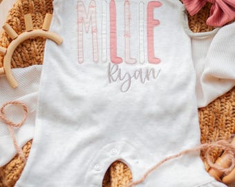 Personalized baby girl romper, vintage floral infant coming home outfit, baby shower gift, newborn outfit ruffle flutter, custom name