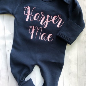 Personalized vintage stitch girl romper with bow, custom girl coming home outfit, baby shower gift, navy and pink sleeper with footies image 1