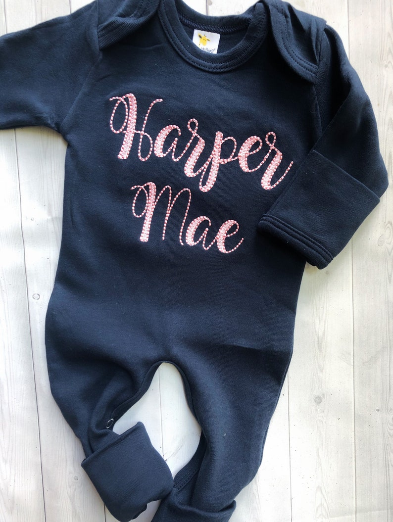 Personalized vintage stitch girl romper with bow, custom girl coming home outfit, baby shower gift, navy and pink sleeper with footies image 1