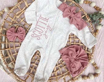 personalized newborn outfit for baby boy, custom oatmeal and navy take home baby footie