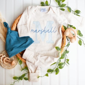 Personalized blue baby romper and hat set, baby shower gift, romper with mittens and footies, gift for baby boy