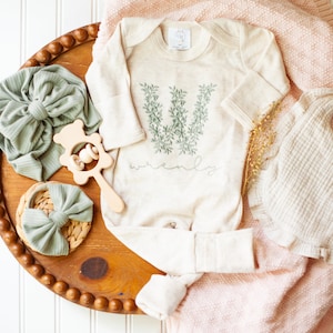 Personalized sage and oatmeal baby romper with floral letter, fold over footies, custom coming home outfit, baby shower gift for girl