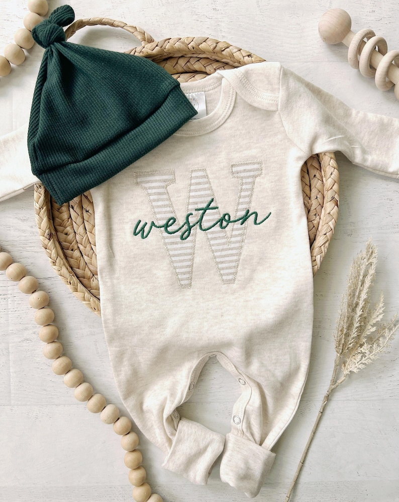 Personalized neutral baby romper and hat set, custom infant boy coming home outfit, baby shower gift, sleeper with footies Green Christmas image 1