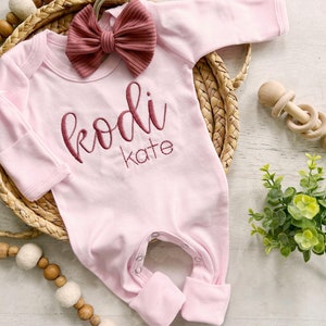 Personalized pink romper with bow, custom girl coming home outfit, baby shower gift, custom baby name outfit handmade bow, newborn pictures