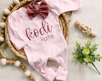 Personalized pink romper with bow, custom girl coming home outfit baby shower gift custom baby name outfit handmade bow, newborn pictures