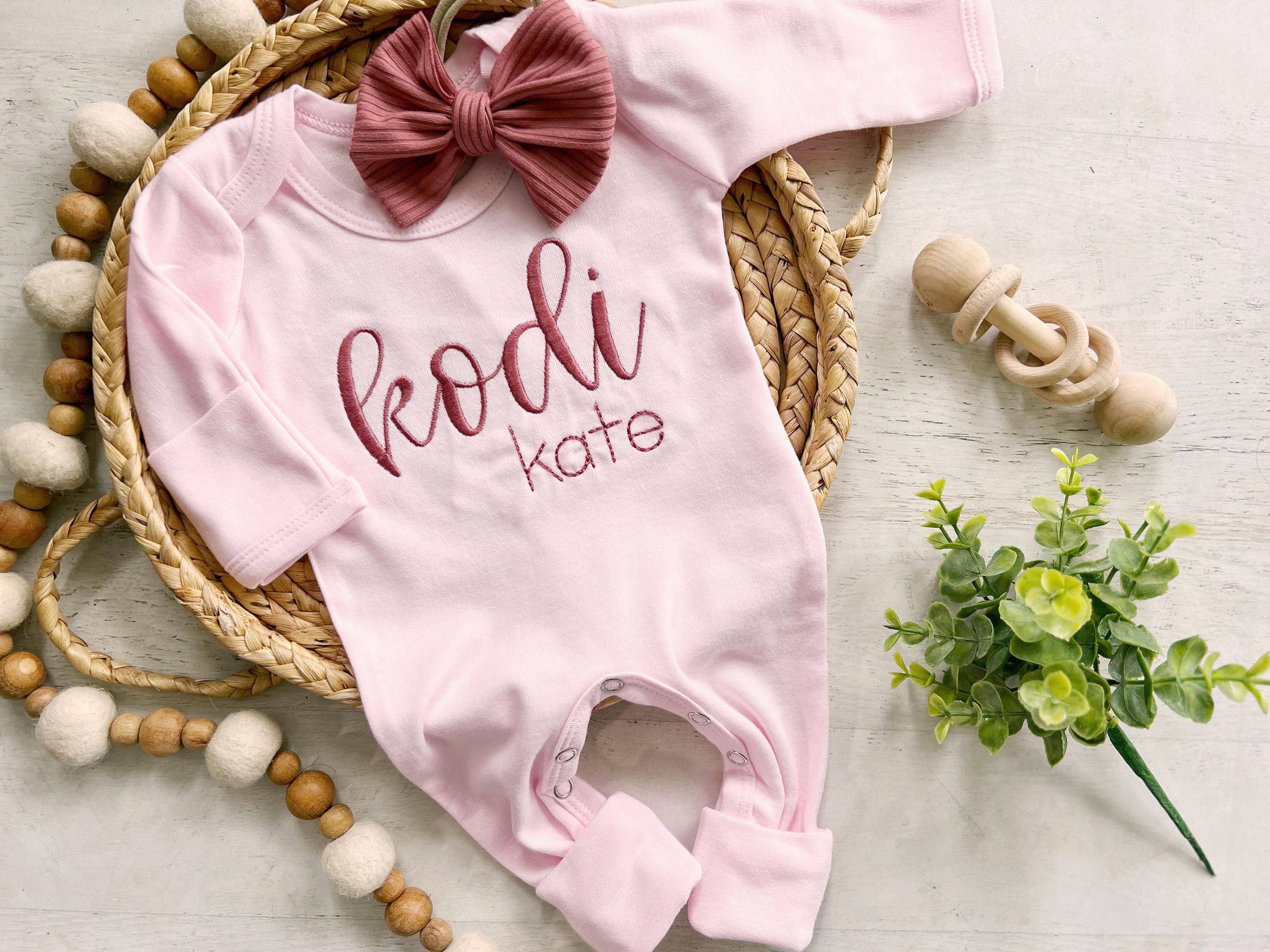 Personalized pink romper with bow, custom girl coming home outfit baby shower gift custom baby name outfit handmade bow, newborn pictures