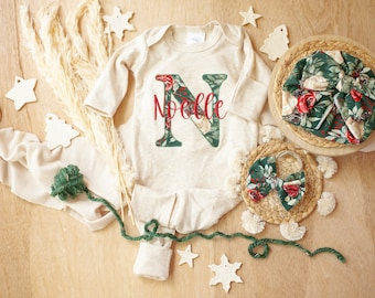 Conjunto floral vintage navideño personalizado, mono con mitones y pies plegables, conjunto navideño para niña.