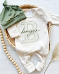 Custom green baby romper with fold over footies, and olive hat set, personalized coming home outfit, baby shower gift, Christmas outfit