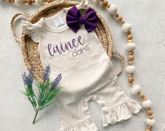 Personalized baby girl romper, vintage floral infant coming home outfit, baby shower gift, newborn outfit ruffle flutter, custom name purple