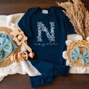 Personalized navy floral baby romper with fold over footies, custom name coming home outfit, floral baby girl outfit, baby shower gift