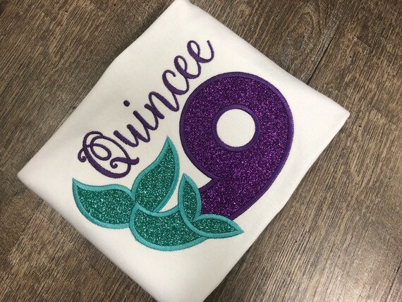 purple and teal applique ninth birthday outfit Mermaid 8th birthday tee glitter fin personalized mermaid shirt mermaid birthday party