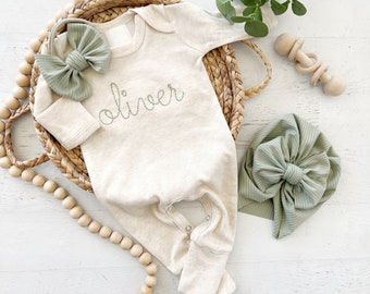 Personalized oatmeal and sage vintage stitch girl romper with bow or turban, custom girl coming home outfit, baby shower gift