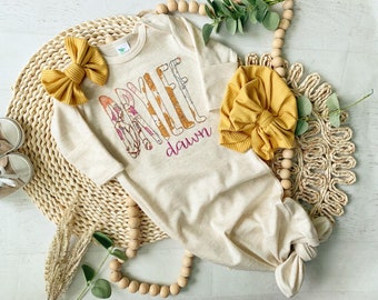 Personalized baby girl gown and bow set: custom yellow floral coming home outfit for girl and blanket