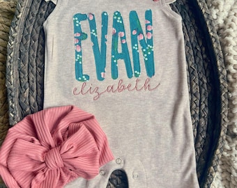 Personalized baby girl romper, vintage floral infant coming home outfit, baby shower gift, newborn outfit ruffle flutter, custom name