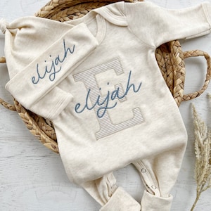 Personalized neutral baby romper and hat set, custom infant boy coming home outfit, baby shower gift, oatmeal sleeper with footies image 4