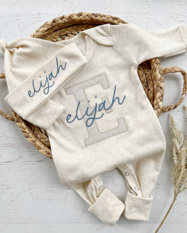 Personalized neutral baby romper and hat set, custom infant boy coming home outfit, baby shower gift, oatmeal sleeper with footies image 4