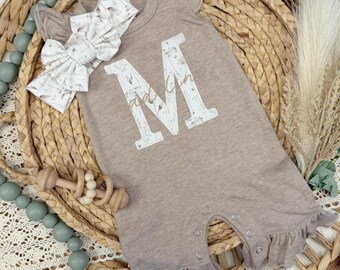 Baby girl personalized ruffle romper, custom newborn coming home outfit, mocha and white flutter outfit