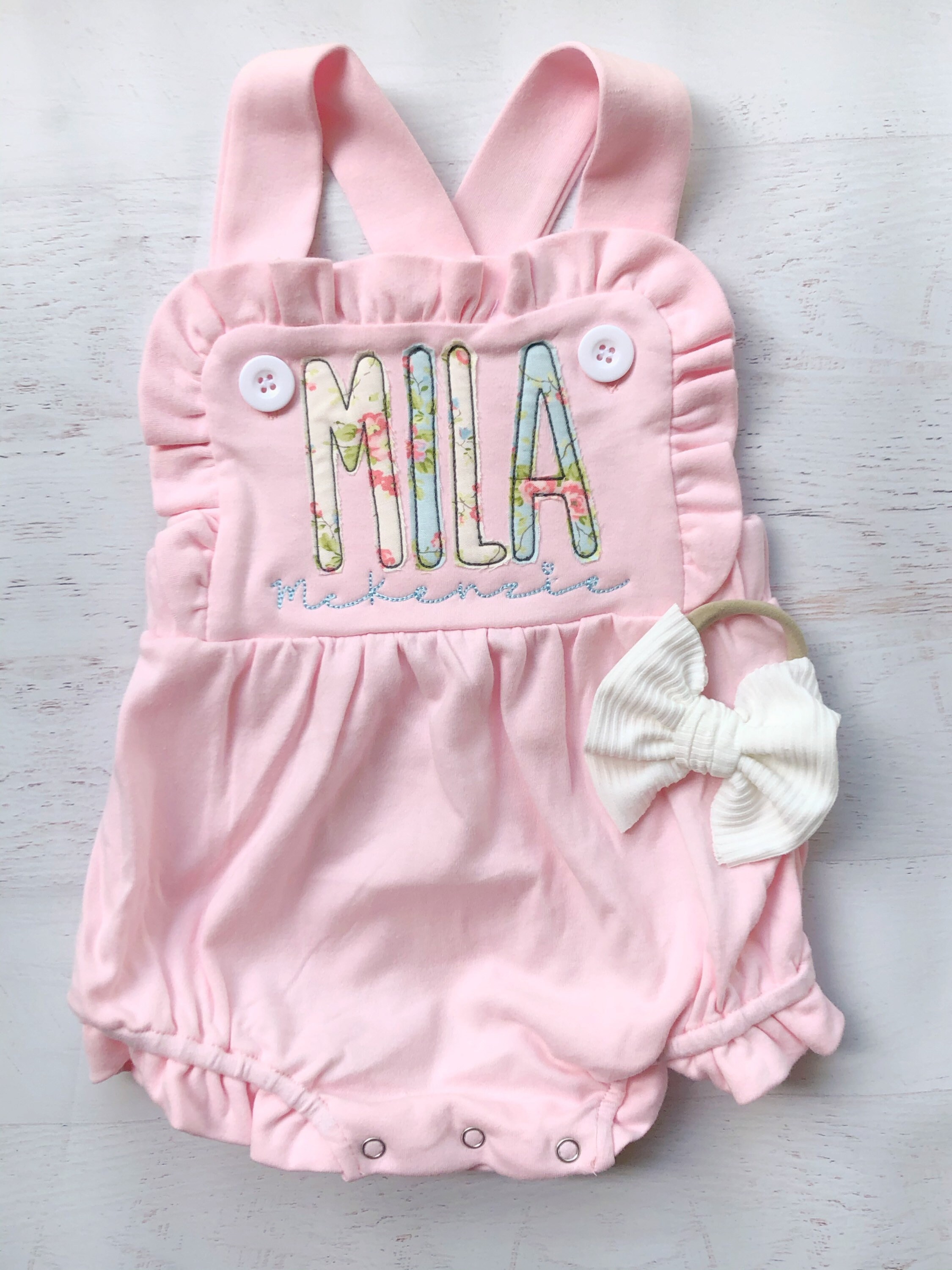 Pink personalized baby romper custom ruffle bubble pink Etsy