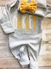 Personalized girl romper custom infant girl coming home outfit, baby shower gift, mustard sleeper with footies, hat set with bow 