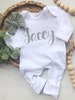 Personalized vintage stitch girl romper with bow, custom girl coming home outfit, baby shower gift, white sleeper with footies 