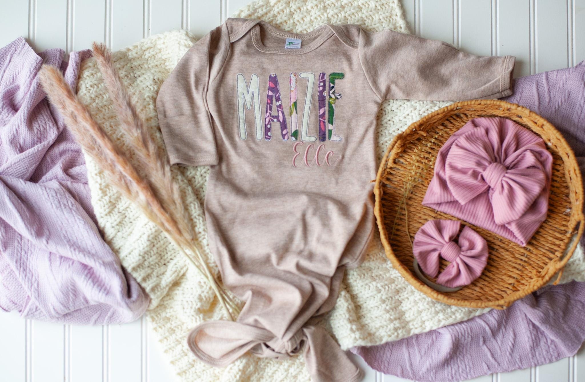 Personalized baby girl gown and bow set, custom coming home outfit for girl, baby shower gift, purple pink floral, cottagecore baby outfit