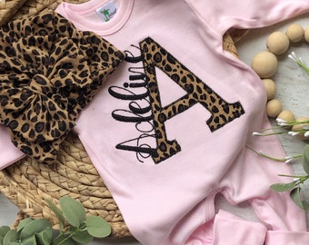 Personalized leopard romper and turban set, custom girl coming home outfit, baby shower gift, pink and leopard, cheetah, baby turban