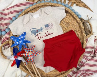 Fourth of July baby boy outfit, embroidered patriotic airplane bodysuit and bummies set