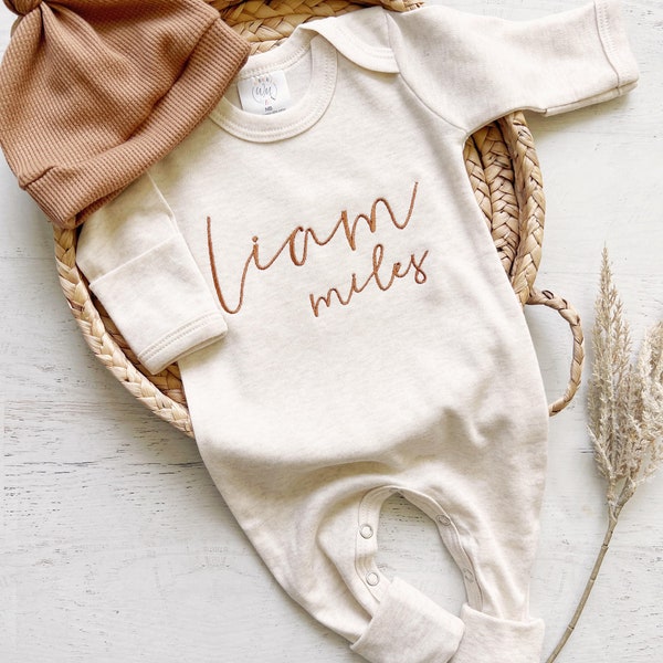 Personalized oatmeal vintage stitch romper with hat, custom baby boy coming home outfit, baby shower gift tan fall baby boy outfit