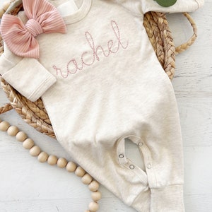 Personalized oatmeal and blush vintage stitch girl romper with bow or turban, custom girl coming home outfit, baby shower gift