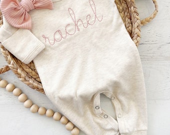 Personalized oatmeal and blush vintage stitch girl romper with bow or turban, custom girl coming home outfit, baby shower gift