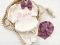 Personalized Oatmeal Romper, Vintage Mauve Embroidery, Baby Girl Outfit