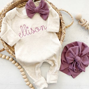 Personalized oatmeal and vintage mauve romper with bow or turban, custom girl coming home outfit, baby shower gift image 1