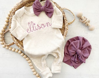 Personalized oatmeal and vintage mauve romper with bow or turban, custom girl coming home outfit, baby shower gift