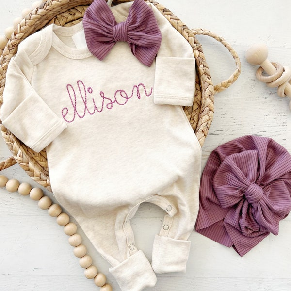 Personalized Oatmeal Romper, Vintage Mauve Embroidery, Baby Girl Outfit